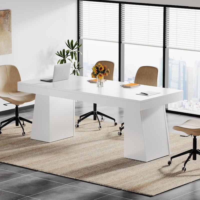 Conference Table, Modern Meeting Table with Thick Tabletop and Trapezoidal Legs