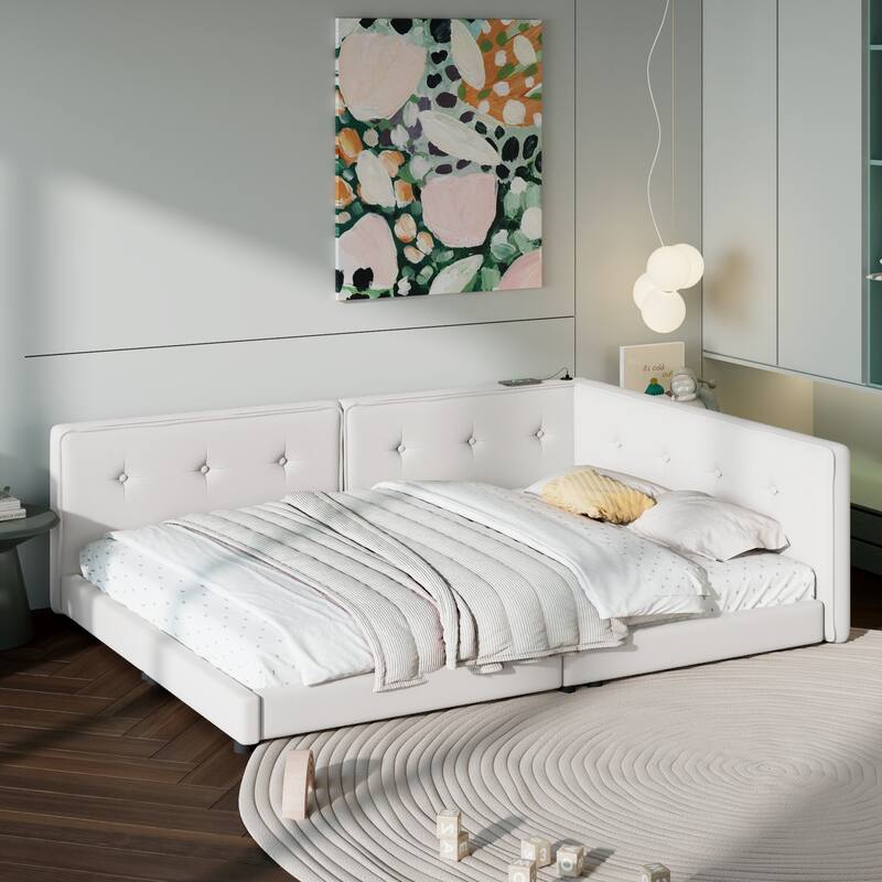 Full Size Platform Bed with USB Ports, Linen Upholstered, Sturdy Wood Frame, No Box Spring Required, Easy Assembly