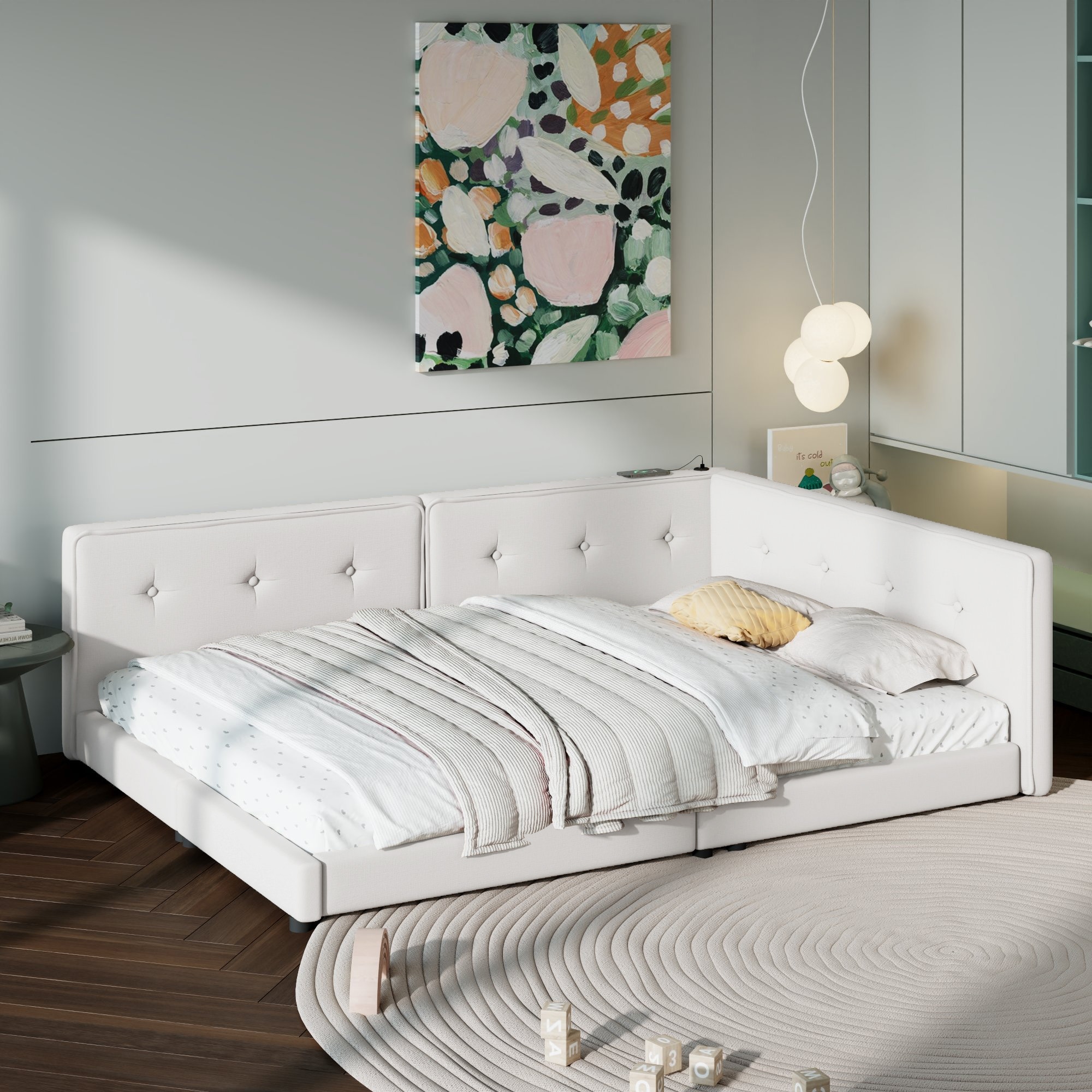 Upholstered Daybed Low Profile Bed Frame with USB Charging Station, Tufting L-shaped Backrest and Wood Slat Support Linen Fabric