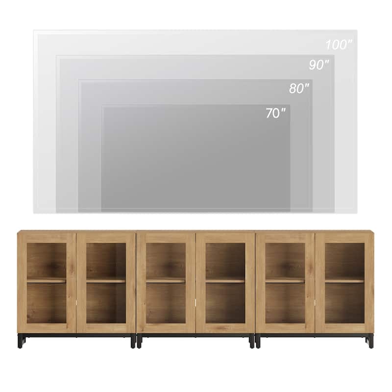 WAMPAT Modern TV Stand with Glass Doors for 110 inch TVs, Entertainment Center Console with Adjustable Shelves and Metal Base