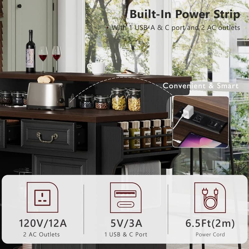Farmhouse 53.2" Kitchen Island with Power Outlet, Rolling Island Table, Bar Cabinet with Storage 4 Door Shelves and 3 Drawers