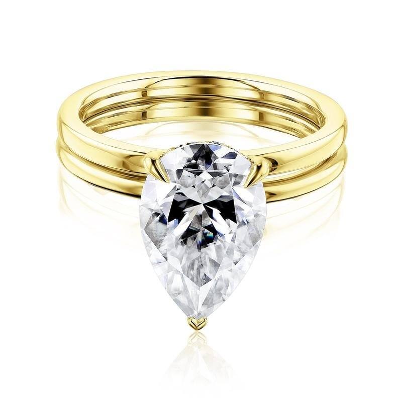 Kobelli Signature Collection 3.6 Carats Moissanite & Diamond 14k Solid Gold Pear Hidden Halo Plain Bands Piper 2pc Bridal Set - 6 - Yellow