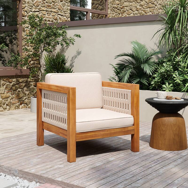 Oana Outdoor Acacia Wood Club Chair with Cushion by Christopher Knight Home - Beige + Rope