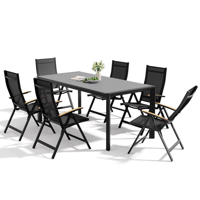 Set of 7 Outdoor Patio Dining Set WoodLike Table Top Aluminum Umbrella Hole Table with Folding Chairs