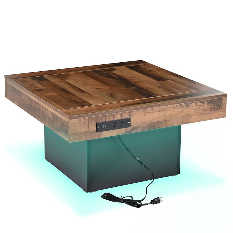 Roomfitters Square Farmhouse Coffee Table with Built-in Charging Station, Wood Grain Center Table with USB and Outlets