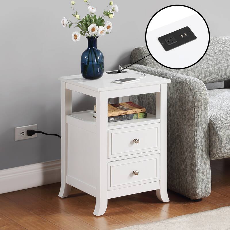 Convenience Concepts Melbourne 2 Drawer End Table with Charging Station and Shelf - White