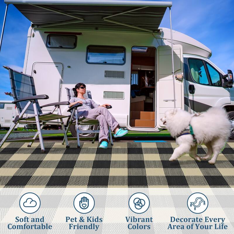 Outdoor Rug Waterproof Reversible Rug Indoor Outdoor Plaid Area Rug Plastic Straw Rug for Camping RV Backyard Patio