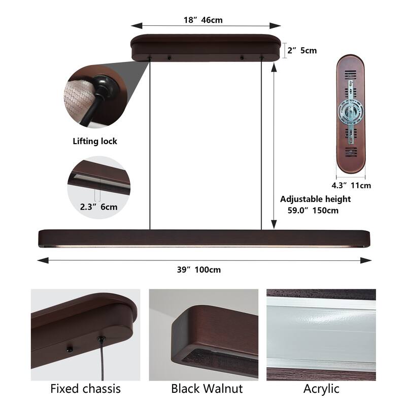 39-inch Walnut Wood Modern LED Pendant Light, Adjustable Hanging Light for Dining Room, Kitchen, Living Room