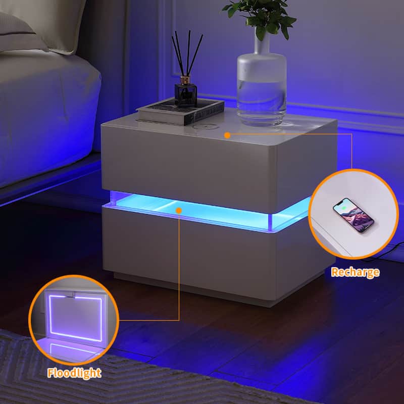 17.72'' H Smart Led Nightstand with Charging Station and Drawer for Bedroom in Black/White/Cream