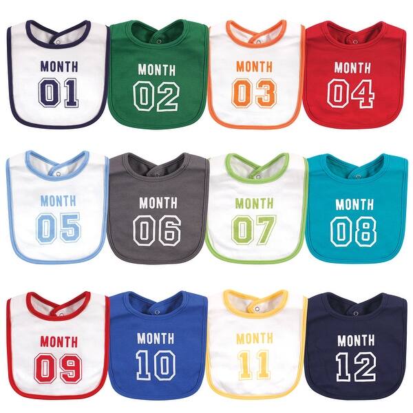 slide 1 of 1, Hudson Baby Infant Boy Cotton Bibs 12pk, Milestone Sports Jersey, One Size - Milestone Sports Jersey - One Size