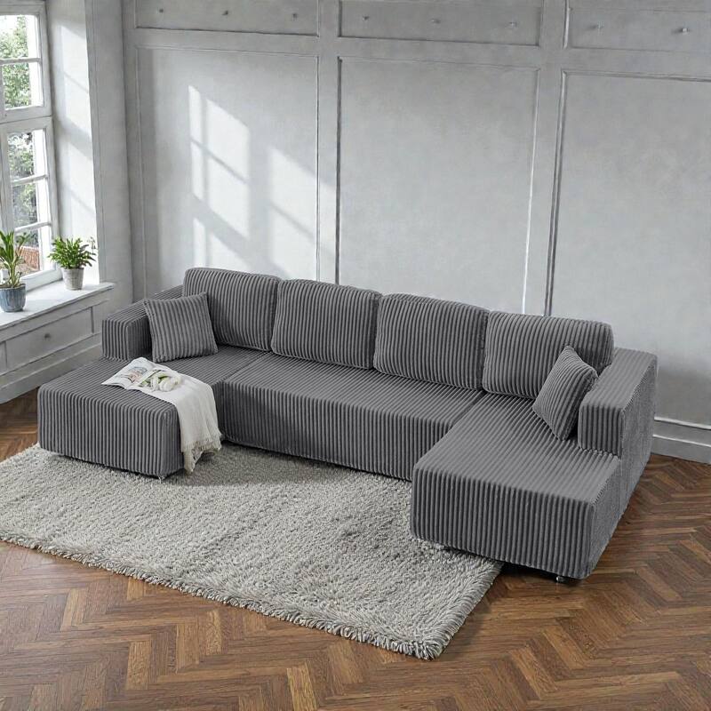 U Shaped Modular Sectional Sofa, Modern Minimalist Corduroy Compressed Couch, Sleeper Sofa for Living Room - Grey