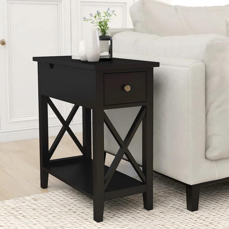2-Drawer End Table, Flip Top Narrow End Table with Drawer, Accent Small Side Table Nightstand for Bedroom, Espresso