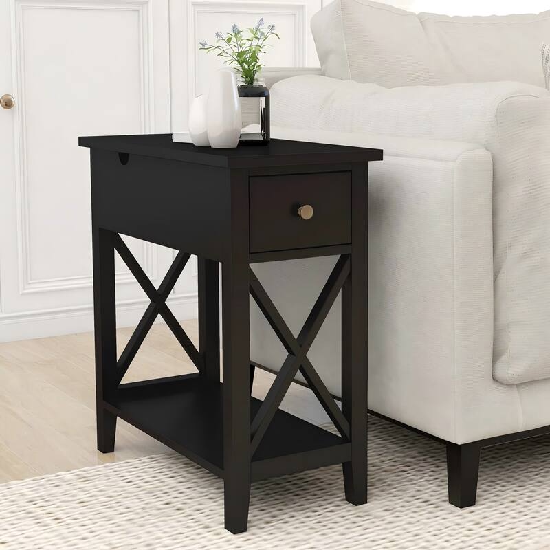2-Drawer End Table, Flip Top Narrow End Table with Drawer, Accent Small Side Table Nightstand for Small Space