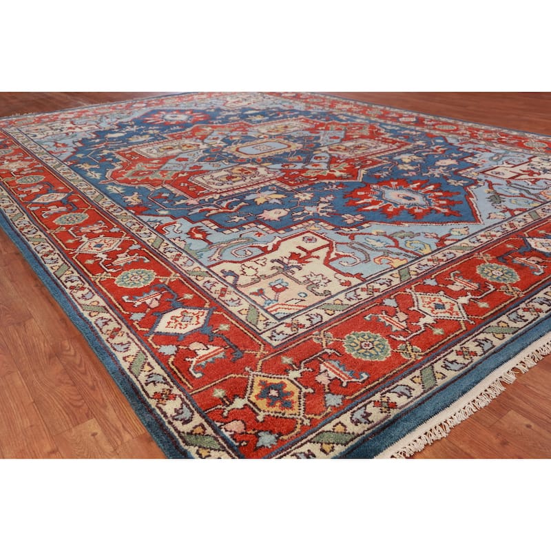 Geometric Blue Heriz Serapi Oriental Area Rug Hand-Knotted Wool Carpet - 9'0" x 12'0" - 9'0" x 12'0" - Blue