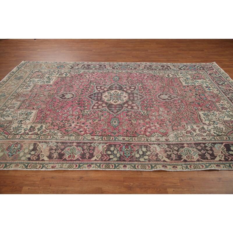 Hand Knotted Oriental 100% Wool Carpet Traditional Floral Pink Tabriz Area Rug - 10' 0'' X 6' 5''