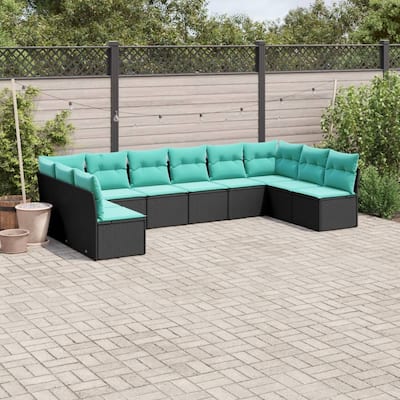 vidaXL 10 Piece Patio Sofa Set with Cushions Black Poly Rattan