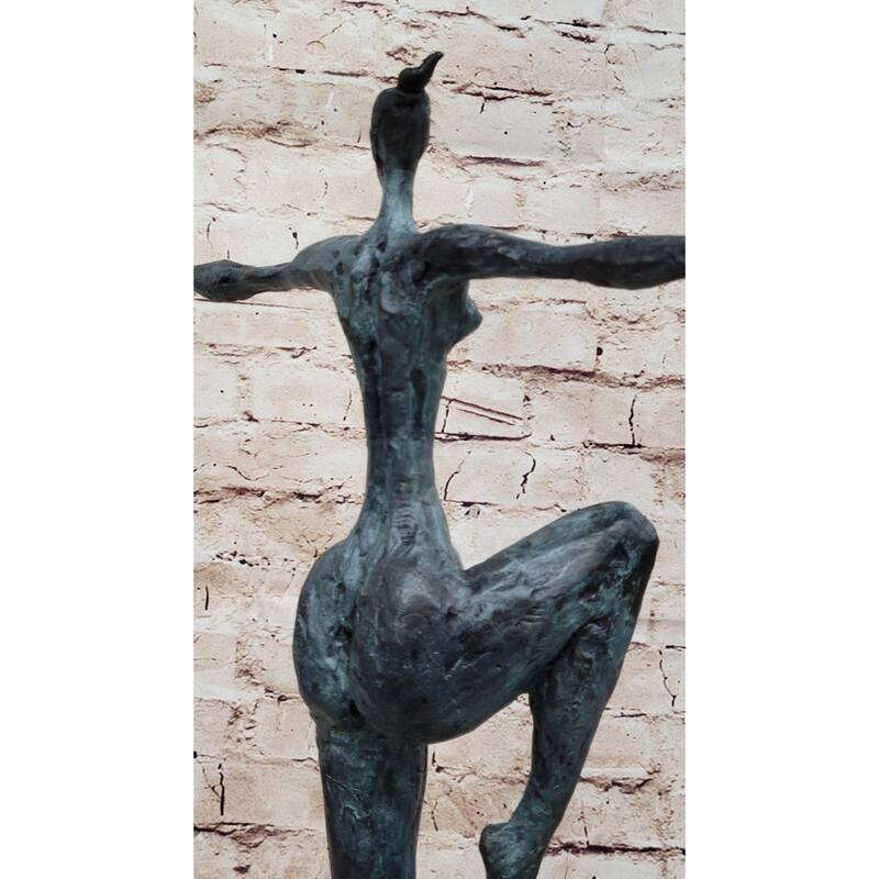 Abstract Female Figure Dancer Kicker Bronze Sculpture Green Patina Marble Base