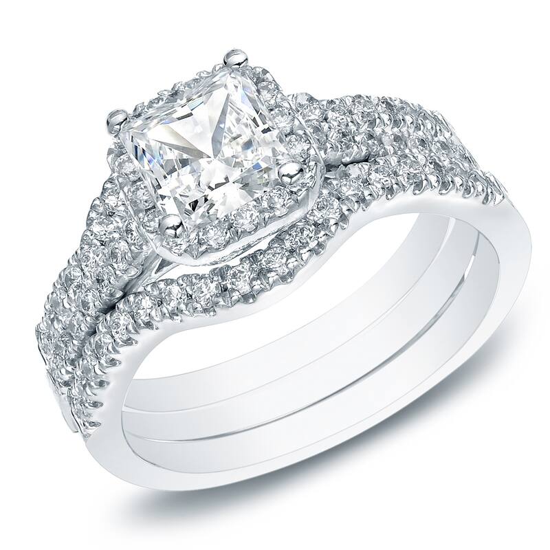 Auriya 1 1/2ctw Princess-cut Halo Diamond Engagement Ring 3pc Set 14k Gold