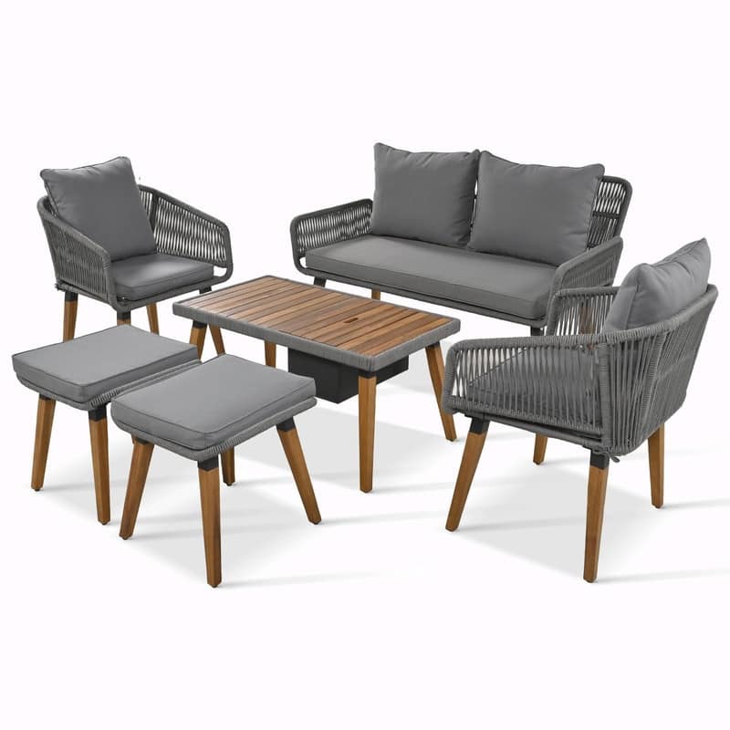 6-Piece Rope Patio Furniture Set with Acacia Wood Cool Bar Table