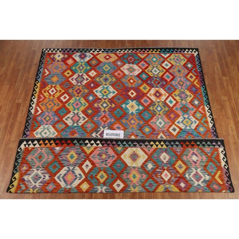 Reversible Kilim Oriental Area Rug Flatweave Southwestern Wool Carpet - 8'1" x 9'7"