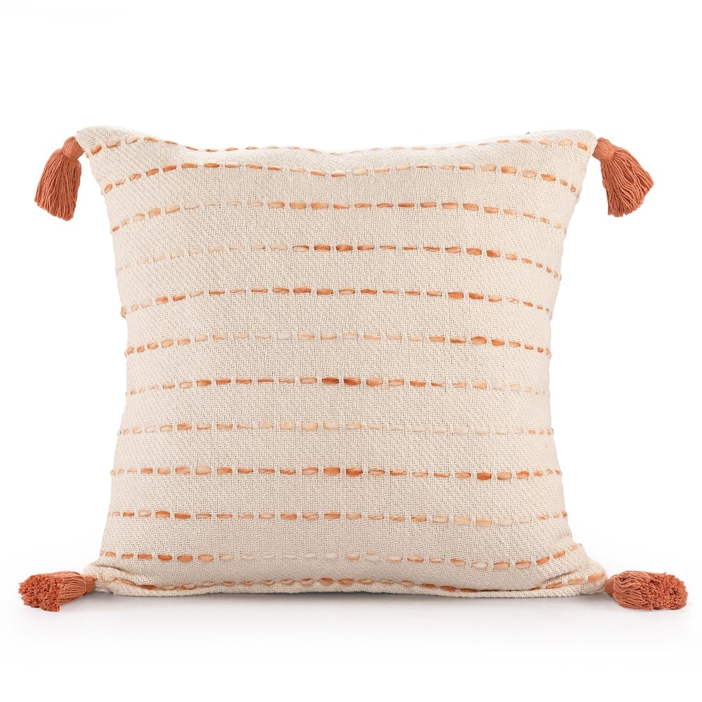 Handmade Stripe Square Throw Pillow with Tassels - 20" - Orange and White