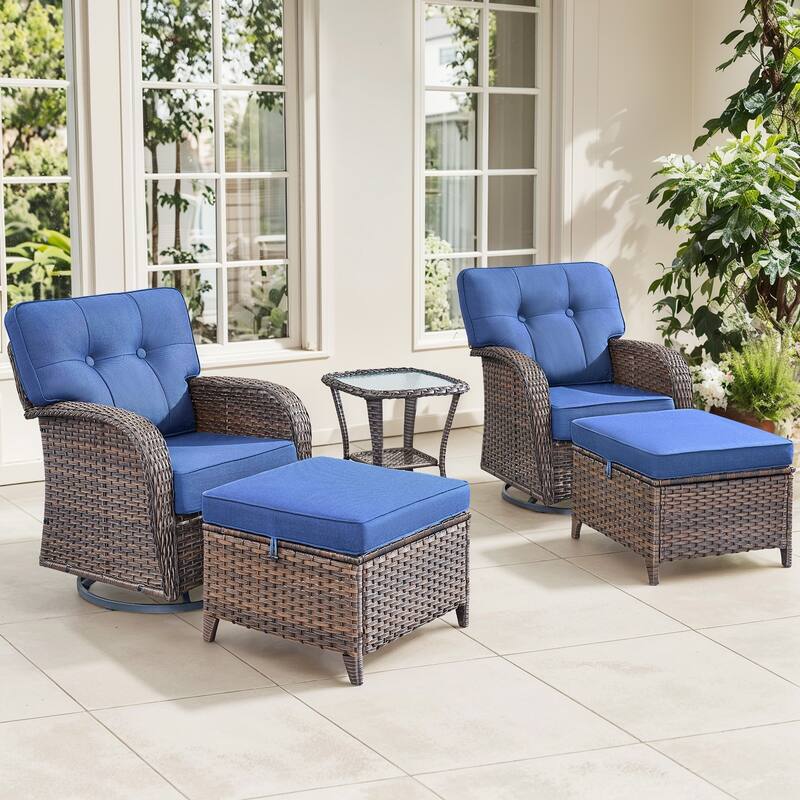 Gymojoy 5-Piece Outdoor Wicker Swivel Chair Set with Ottomans & Side Table, 5" Thick Cushions