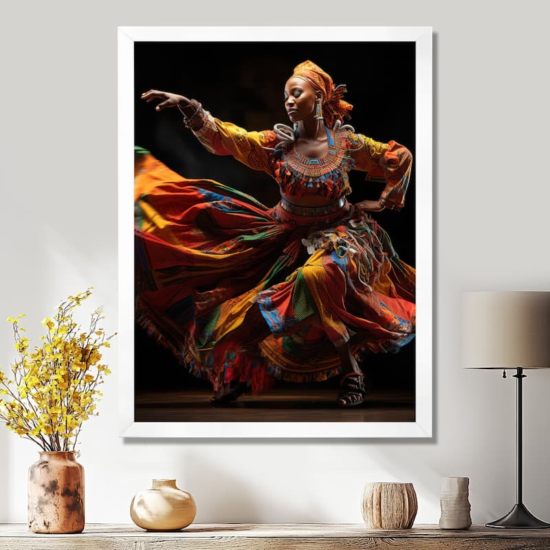 Designart "African Tribal Dance V" African American Art Framed Wall Decor - 16 in. wide x 32 in. high - White