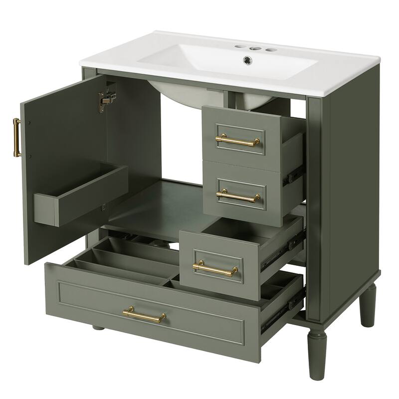 30" Bathroom Vanity with Ceramic Sink, Soft-Close Door with Built-in Shelf, Deep Drawer, Standard Drawer, Long Divider Drawer