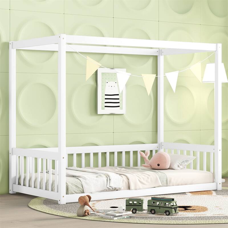 Twin Size Canopy Frame Floor Bed with Fence,Guardrails - White