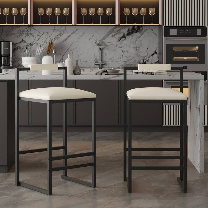 Faux Leather Upholstered Bar Stool Set of 2, Counter Height Bar Stools with Back, Kitchen Stool Island with Footstool - Beige