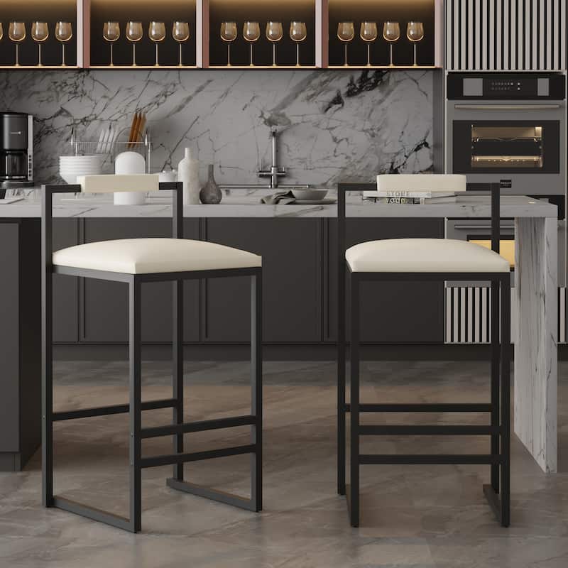 Set of 2 Counter Height Woven Bar Stools with Back - Beige+Black-with Back