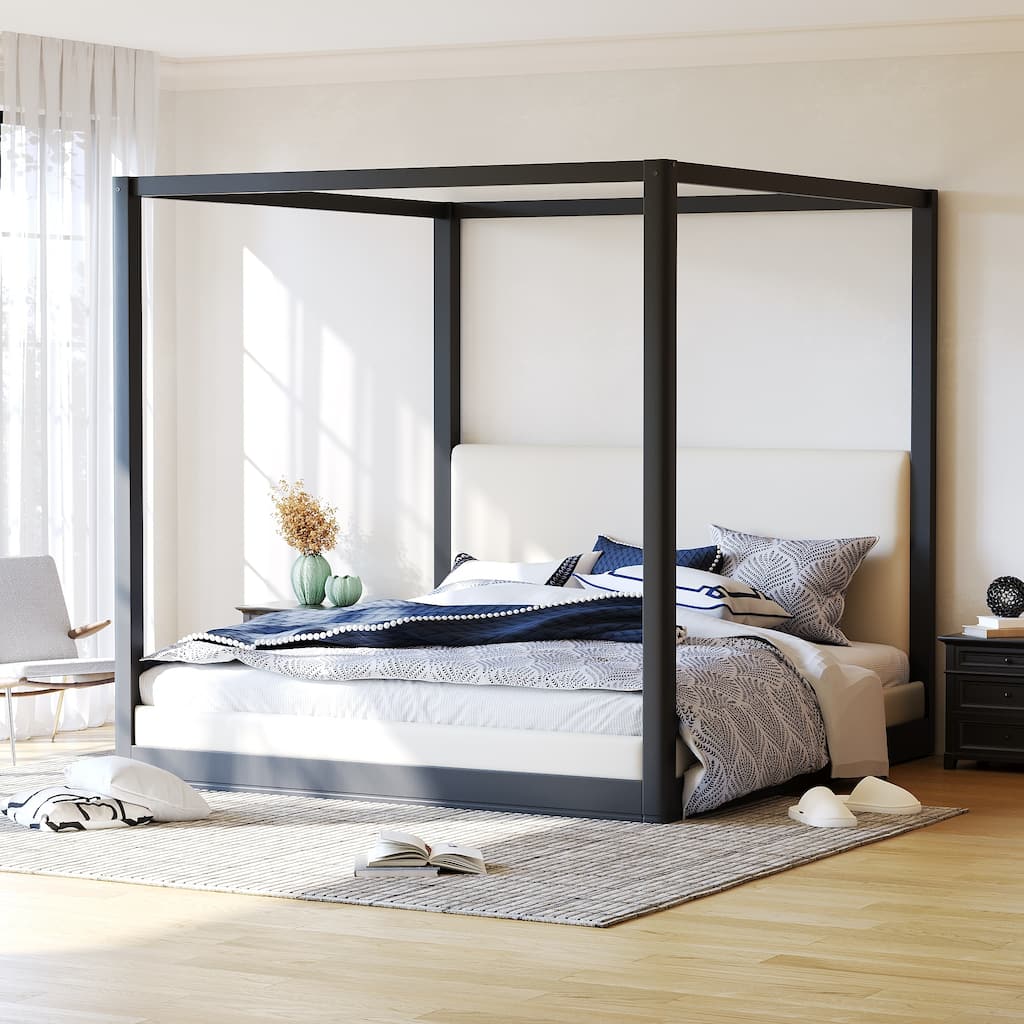 Christopher Knight Home - Wood Linen Upholstered Canopy Platform Bed with Sturdy Slat Support