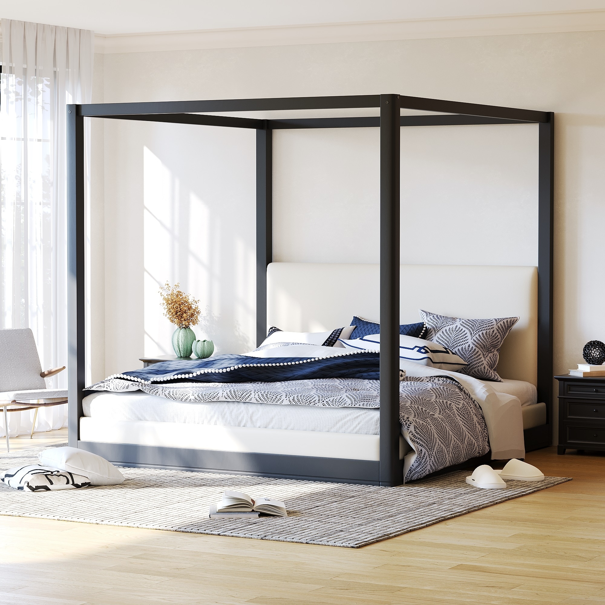 Christopher Knight Home - Wood Linen Upholstered Canopy Platform Bed with Sturdy Slat Support
