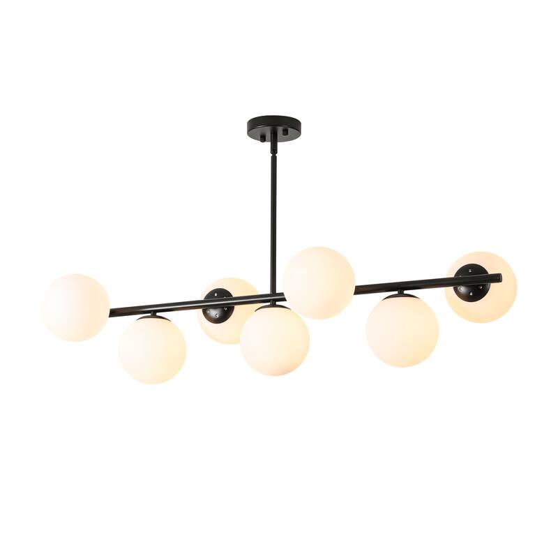 7-Light Mid-Century Modern Gold/Black Sputnik Metal Island Lights with Opal Glass Globe Shades for Kitchen, Dining Room