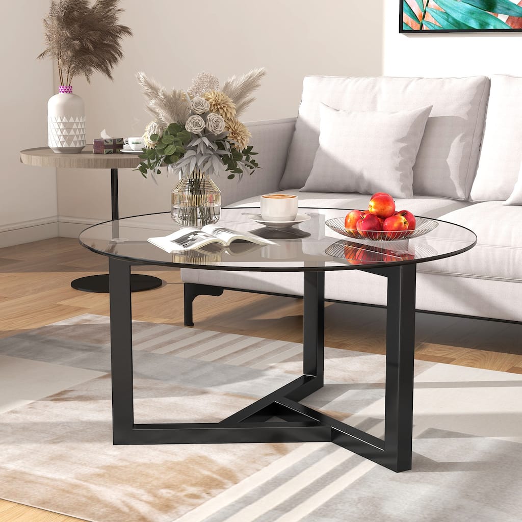 Modern Wood Round Coffee Table with Geometric Legs ,Glass Top