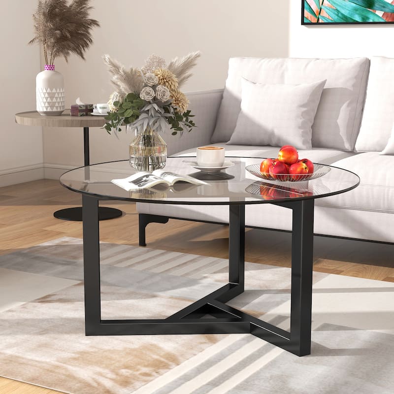 Round Glass Coffee Table with Tempered Glass Top and Wood Base - 35.43" W × 35.43" D × 17.72" H