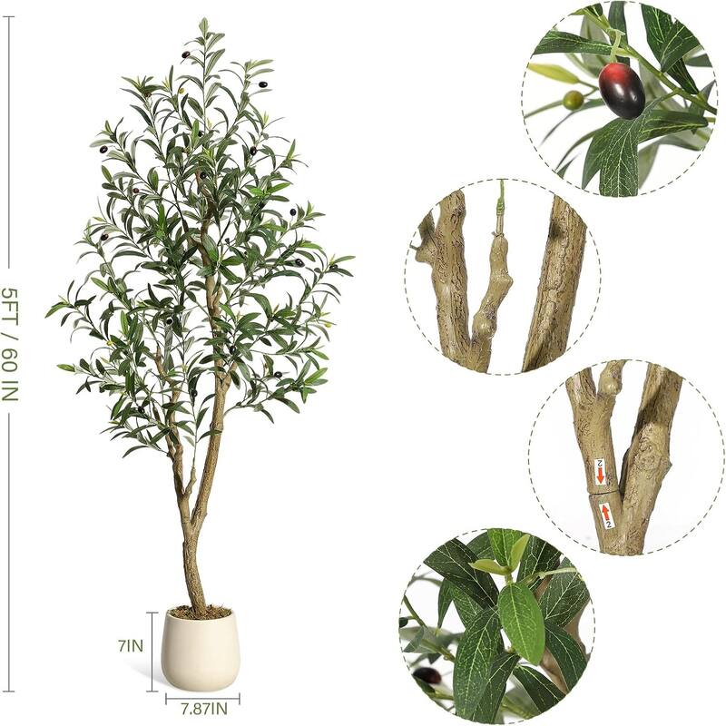 Olive Trees Artificial Indoor, 5ft Tall Faux Silk Plant with White Planter