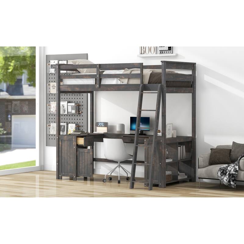 Roomfitters Twin/Full Loft Bed with U-Shaped Desk, Open Shelves and Compact Storage System