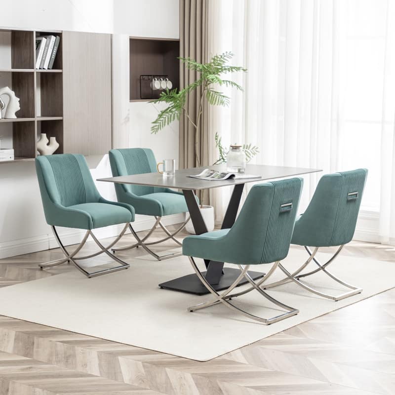 Modern Contempoary Velvet Dining Chair Set of 4 with Metal Frame Legs and Back Pull - Green