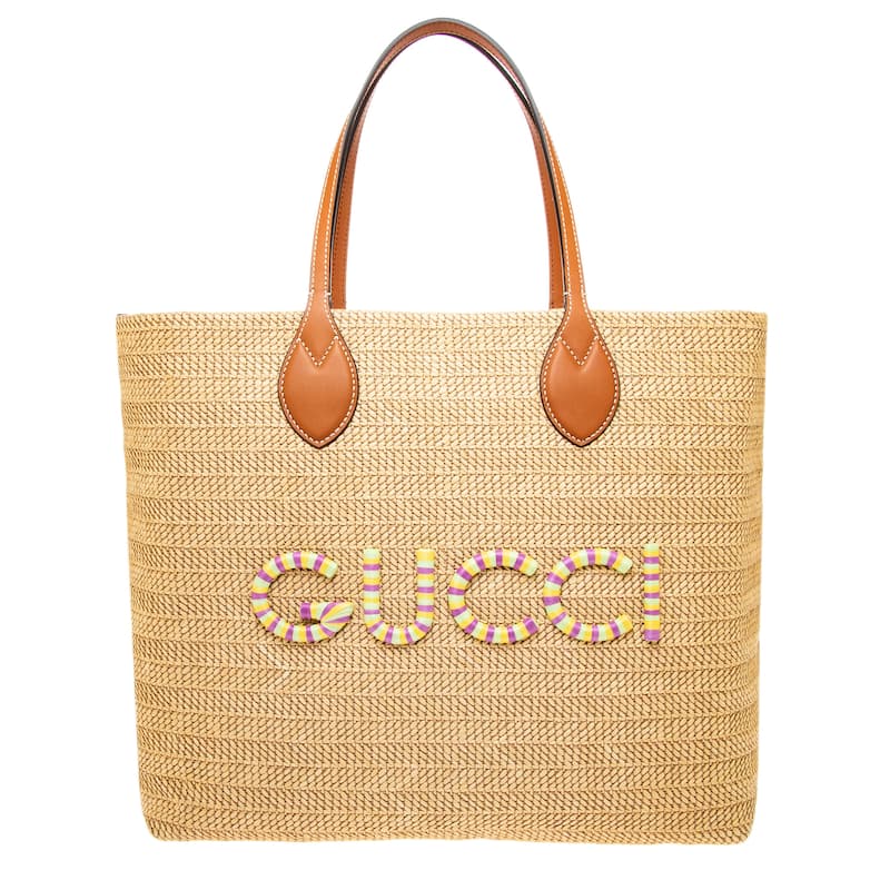 Gucci Medium Straw-Effect Tote Bag - Beige
