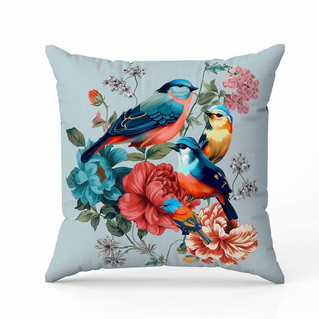 Petal Perched Birds Faux Suede Reversible Throw Pillow Mint and Red