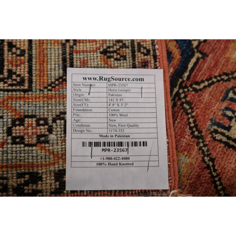 Orange Heriz Serapi Vegetable Dye Accent Rug Handmade Wool Carpet - 3'2"x 4'8"