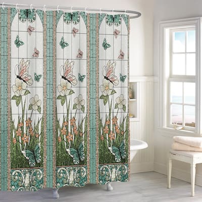 Butterfly Floral Shower Curtain Set Fabric Bath Curtain, 72x72 Inches