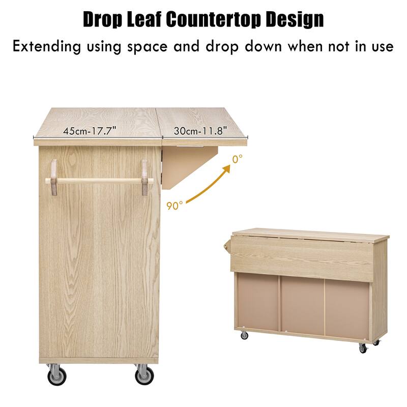 Modern 51.2" Kitchen Island with Drop Leaf and Handwoven Ash Veneer Doors, Internal Storage Racks on Wheels