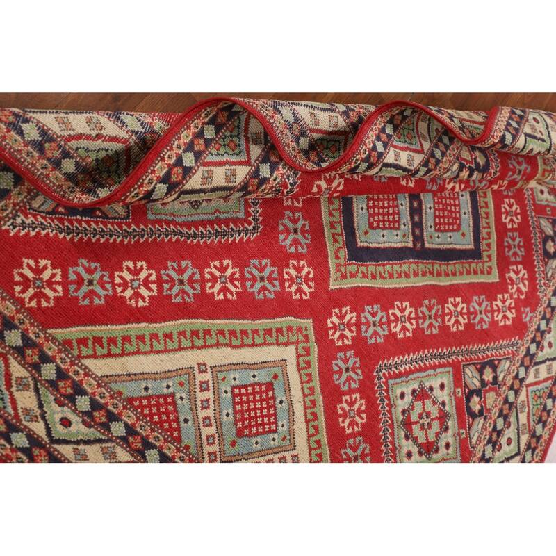 Geometric Kazak Area Rug Hand-Knotted Oriental Wool Carpet - 4'10" x 6'6"