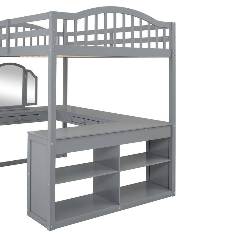 Full Wooden Loft Bed with U-shaped Desk, Storage Compartments, and Tri-fold Mirror in Gray