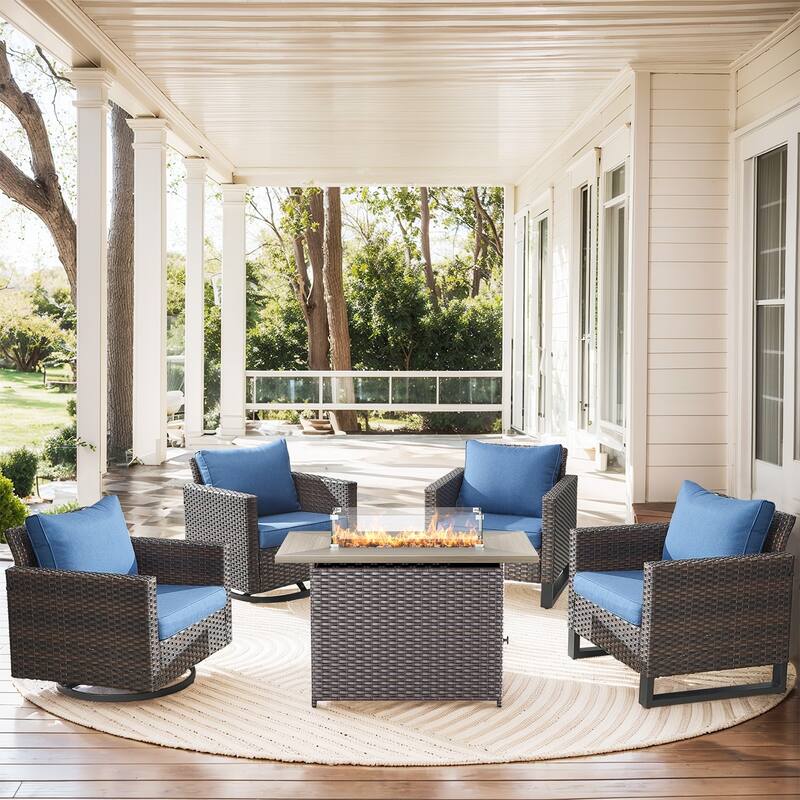 2 Swivel Chair 2 Club Chair with Fire Table Brwon-Blue - Brown - Brown - Blue