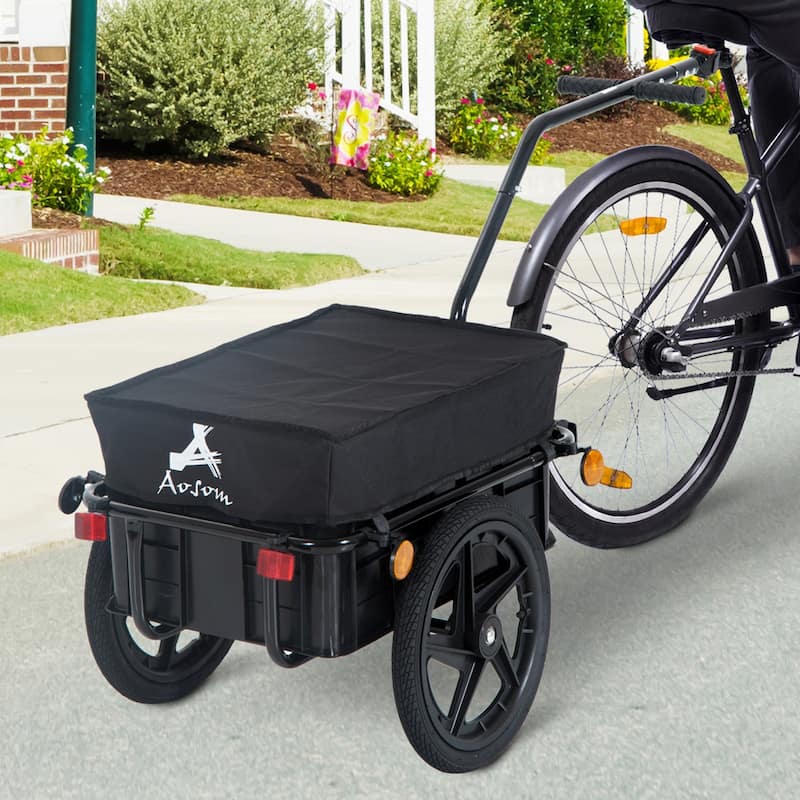 Aosom Bicycle Cargo Trailer with Removable Box and Waterproof Cover, Bike Wagon Trailer with Two 16in Wheels - Black