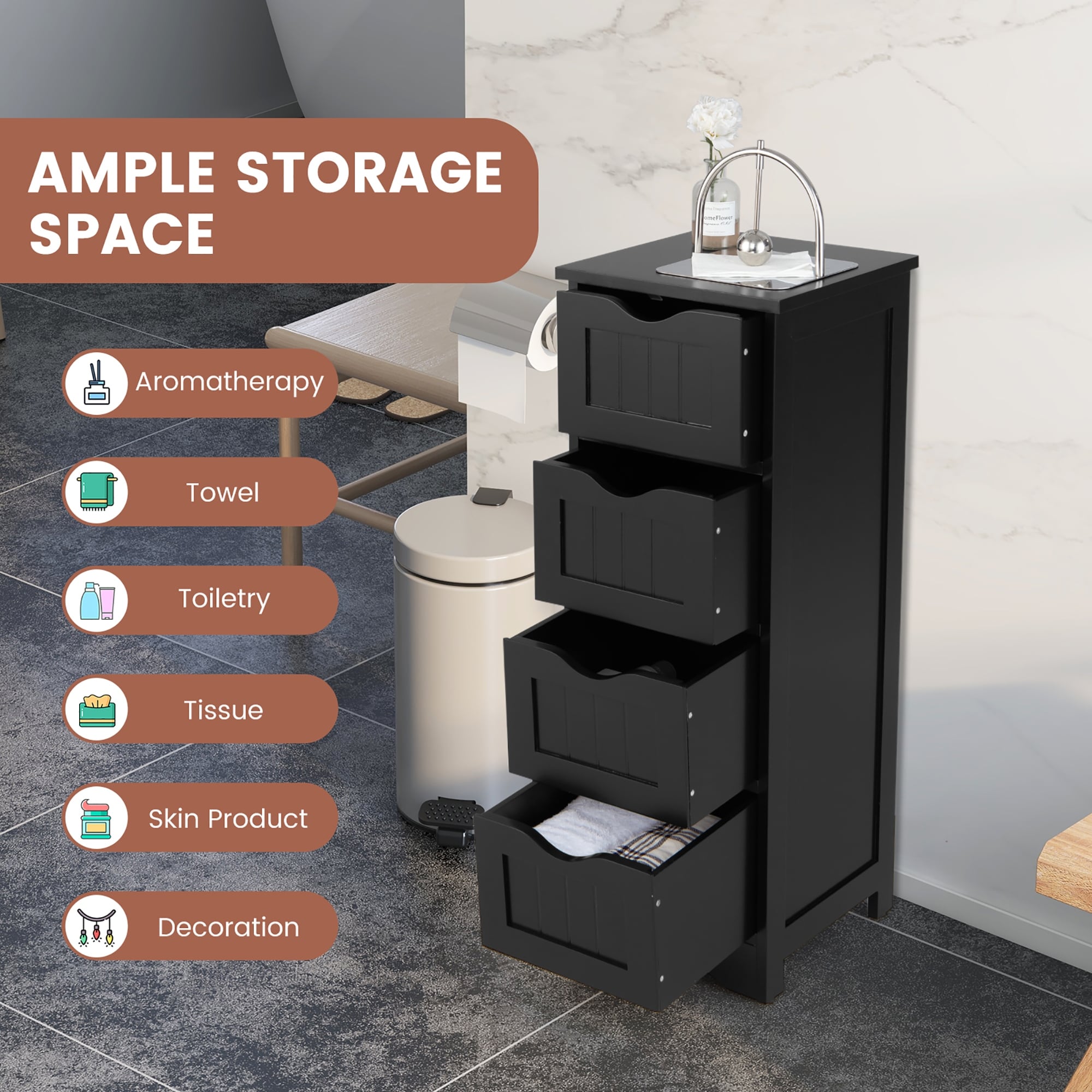 Gymax Bathroom Floor Cabinet Free Standing Storage Side Organizer w/4 - See Details - Grey