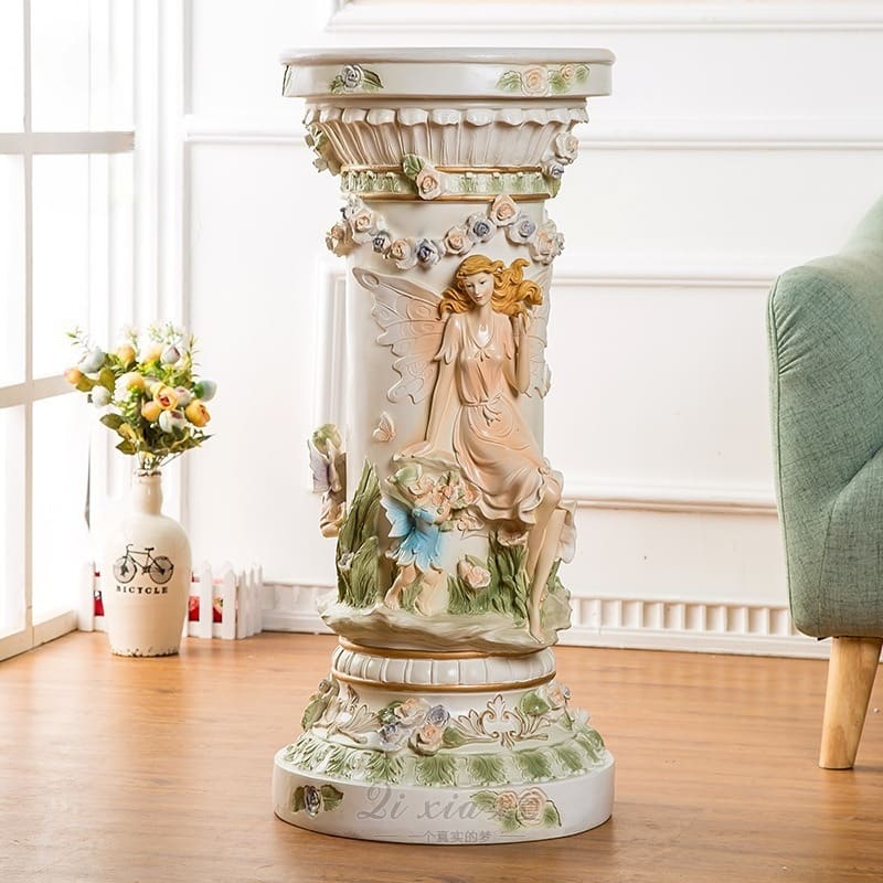 33" Luxury Vintage Roman Column Pedestal, Resin Pillar with Fairy & Floral Relief, Elegant Display Stand for Living Room